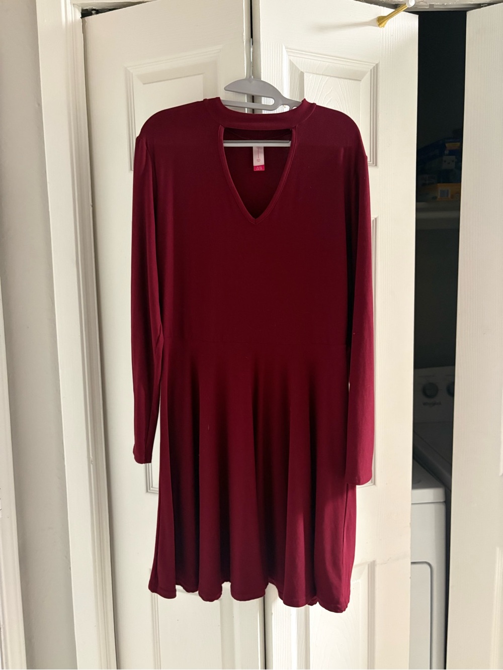 No Boundaries Long Sleeve Burgundy Fit-and-Flare Dress with Keyhole